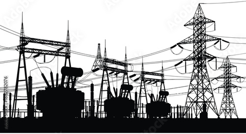 a striking black and white image depicts power lines transformers and electrical towers against a stark white background silhouette high quality