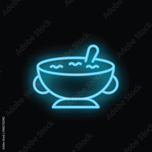 Blue neon icon of a soup bowl with spoon, emitting a bright light