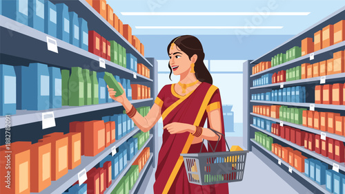 Vector illustration of an Indian woman in traditional dress shopping at a modern supermarket, reflecting everyday consumer lifestyle and cultural identity in contemporary settings