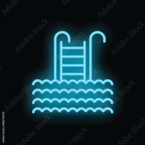 Blue neon sign of a swimming pool with a ladder and wavy water is glowing on a black background