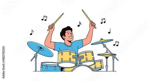 Energetic young male musician happily playing a set of yellow drums with drumsticks and music notes flying in the air.