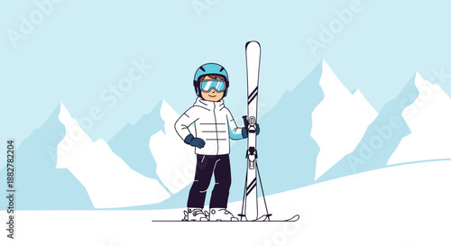 Young skier character wearing a helmet, goggles, and a warm winter jacket standing with skis against a beautiful mountain landscape.