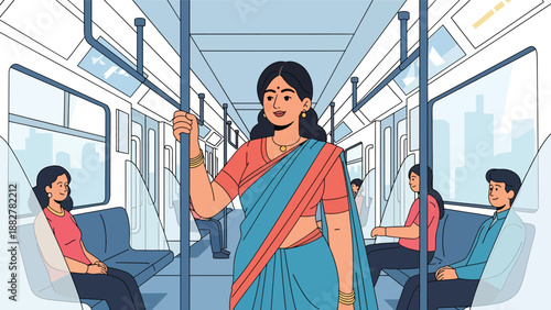 Vector illustration of an Indian woman wearing a saree commuting on metro train public transport, representing daily urban life, mobility, and traditional fashion in modern cities