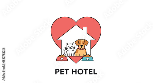 Cute illustration of a cat and a dog sitting inside a white house shape over a large pink heart, representing a pet hotel or care service.