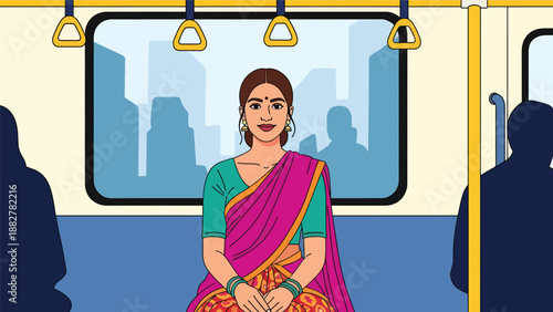 Vector illustration of an Indian woman wearing a saree commuting on metro train public transport, representing daily urban life, mobility, and traditional fashion in modern cities