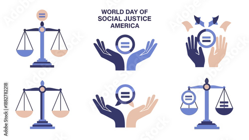 Vector illustrations for World Day of Social Justice in America, featuring hands, scales, and equality symbols in blue and orange hues against a clean white background.