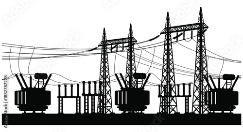 a stark black and white depiction of a complex electrical substation infrastructure showing towers transformers and cabling silhouette high quality professional