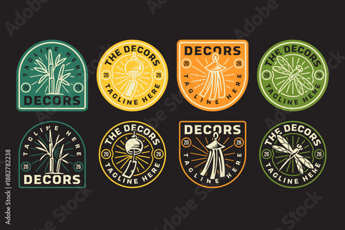 Bamboo, Lantern, Tassel, Dragonfly retro badge logo design set for interior, home ornament. Decors oriental objects vintage patch design pack for merchandise