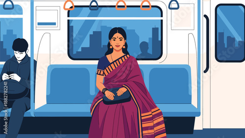 Vector illustration of an Indian woman wearing a saree commuting on metro train public transport, representing daily urban life, mobility, and traditional fashion in modern cities