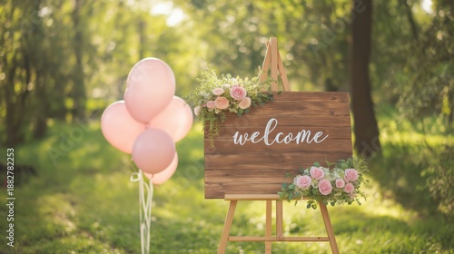 Welcome sign adorned with pink roses and greenery, accompanied by pastel balloons, set in a lush outdoor environment, creating a warm and inviting atmosphere for celebrations
