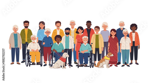 Diverse group of people of various ages and abilities standing and sitting together in a line on World Day of Social Justice, promoting unity and equality.