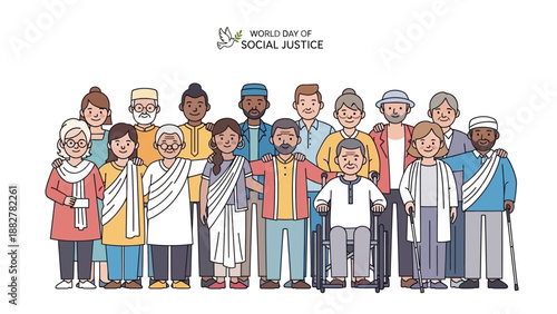 Diverse group of people standing together in solidarity on World Day of Social Justice, with a vector illustration style and a clean white background conveying a sense of unity and justice.