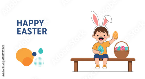 Happy young boy wearing white bunny ears and sitting on a wooden bench while holding colorful decorated Easter eggs next to a basket.