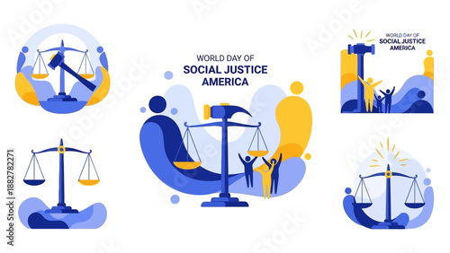 Vector illustrations for World Day of Social Justice in America, featuring law and justice symbols with a blue, yellow, and white color scheme, against a clean white background.