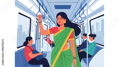 Vector illustration of an Indian woman wearing a saree commuting on metro train public transport, representing daily urban life, mobility, and traditional fashion in modern cities
