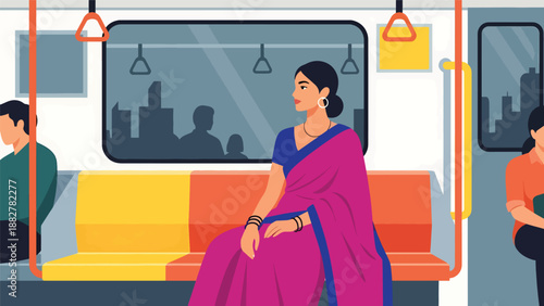 Vector illustration of an Indian woman wearing a saree commuting on metro train public transport, representing daily urban life, mobility, and traditional fashion in modern cities