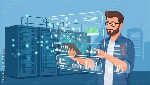 Man analyzing data on a holographic interface with server racks in the background, representing modern IT infrastructure management.