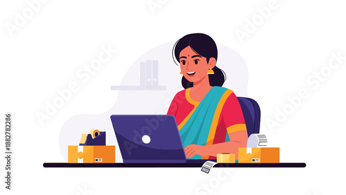Vector illustration of an Indian woman in traditional attire managing an online business from home, showing entrepreneurship, technology, and modern work lifestyle
