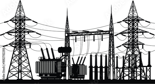 a striking black and white illustration depicting industrial power lines transformers and towers against a stark clean background silhouette high quality
