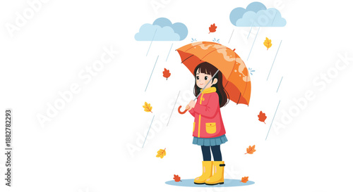 Young girl wearing a warm red coat and yellow boots standing under a large orange umbrella during a rainy autumn day with falling leaves.