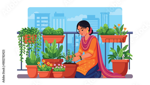 Vector illustration of an Indian woman in traditional dress gardening on a balcony, representing urban home lifestyle, sustainability, and cultural harmony with nature