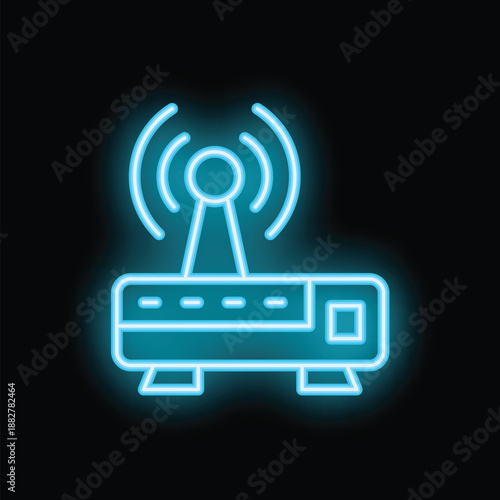 Neon sign depicting a wifi router transmitting a signal on a black background