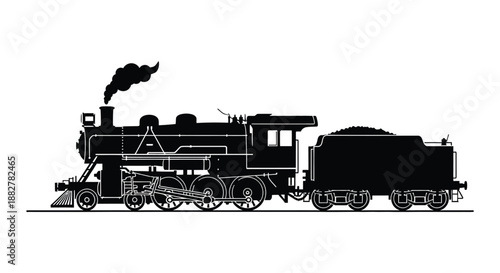 a detailed black and white illustration depicts a vintage steam train showcasing its intricate design and powerful engine silhouette high quality