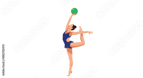 Professional rhythmic gymnast in a blue leotard performing a graceful pose with a green ball while balancing on one leg.
