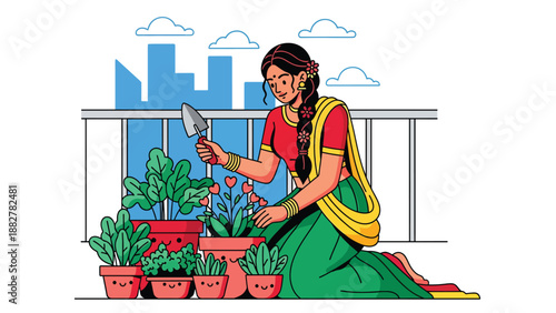 Vector illustration of an Indian woman in traditional dress gardening on a balcony, representing urban home lifestyle, sustainability, and cultural harmony with nature