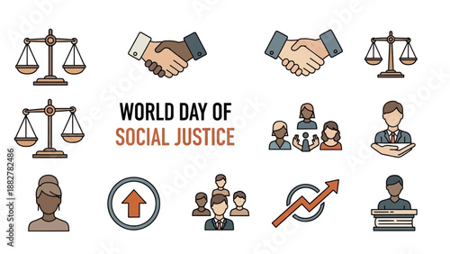 Flat lay illustration of various icons representing World Day of Social Justice, including people, law, and equality symbols, against a clean white background with a professional and