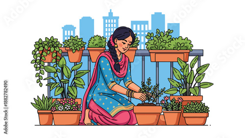 Vector illustration of an Indian woman in traditional dress gardening on a balcony, representing urban home lifestyle, sustainability, and cultural harmony with nature