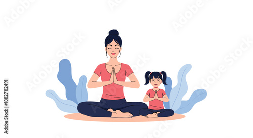 Calm woman and her young daughter sitting in lotus position and practicing yoga together for mindfulness and physical health.