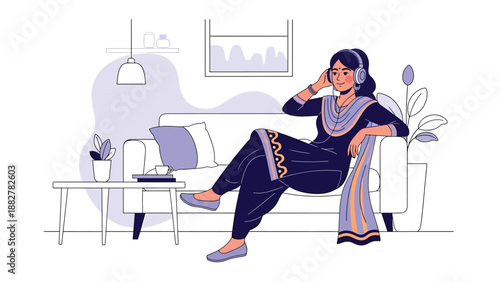 Vector illustration of an Indian woman in salwar kameez relaxing with headphones, enjoying music as part of a modern leisure lifestyle while wearing traditional clothing