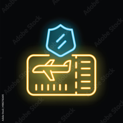 Glowing neon icon of an airplane ticket being protected by a shield, representing travel insurance