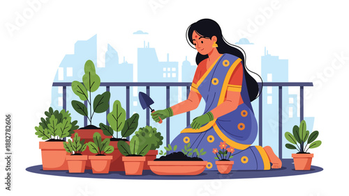 Vector illustration of an Indian woman in traditional dress gardening on a balcony, representing urban home lifestyle, sustainability, and cultural harmony with nature