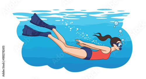 Athletic woman in a swimsuit and fins scuba diving underwater while exploring the sea and blowing bubbles.