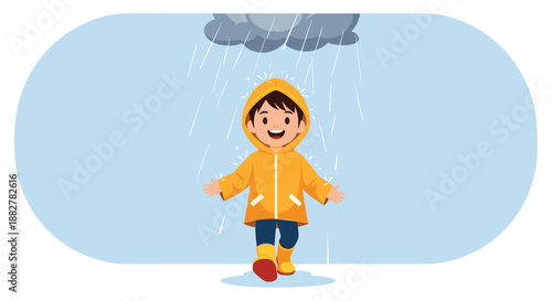 Happy little boy in a yellow raincoat and boots walking under a rain cloud inside a rounded frame on a blue background.