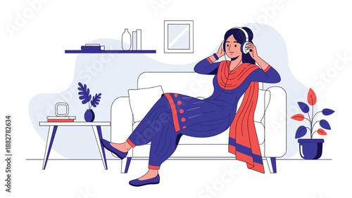 Vector illustration of an Indian woman in salwar kameez relaxing with headphones, enjoying music as part of a modern leisure lifestyle while wearing traditional clothing