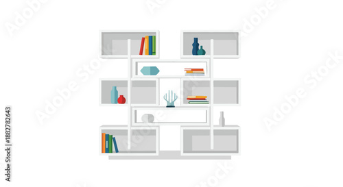 Stylish modern white geometric bookshelf with books and decorative items illustration
