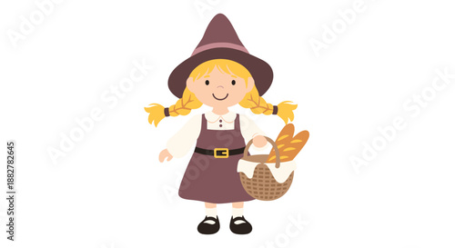 Cute little girl dressed in a witch hat and peasant dress holding a basket filled with fresh baguettes of bread.