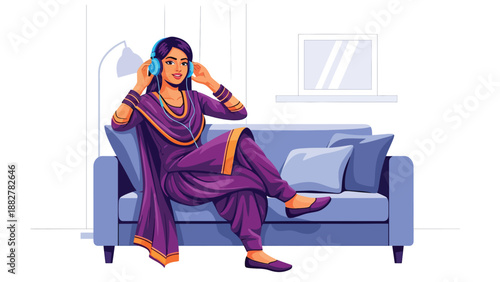 Vector illustration of an Indian woman in salwar kameez relaxing with headphones, enjoying music as part of a modern leisure lifestyle while wearing traditional clothing