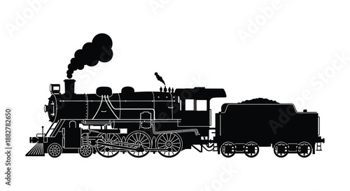 a detailed black and white illustration showcasing a vintage steam locomotive emitting smoke presented as a striking silhouette high quality professional