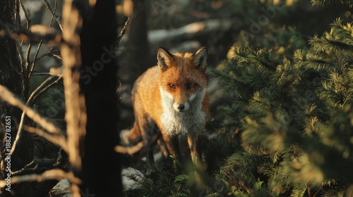 Beautiful Red Fox Amidst Pine Needles and Forest Vegetation