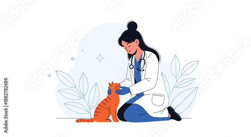 Caring female veterinarian in a white lab coat kneeling and examining an orange tabby cat in a modern clinic environment.