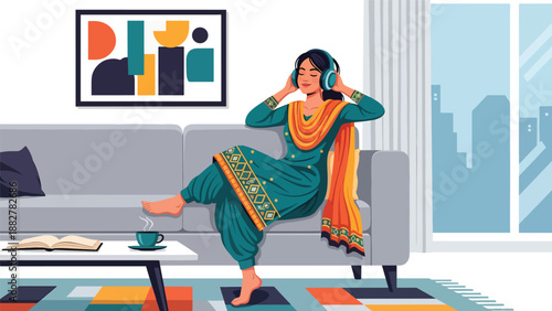 Vector illustration of an Indian woman in salwar kameez relaxing with headphones, enjoying music as part of a modern leisure lifestyle while wearing traditional clothing
