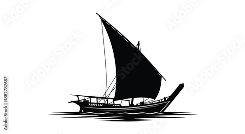 a striking black and white illustration depicting a traditional sailing vessel with a prominent sail against a clean bright white background silhouette