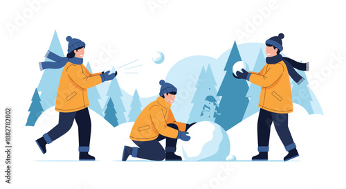 Group of happy children wearing winter clothes enjoy playing in the snow together by building a snowman and having a snowball fight outdoors.