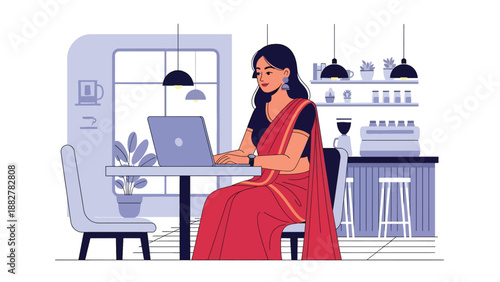 Vector illustration of an Indian woman in traditional attire working in a co-working coffee shop space, symbolizing professional modern lifestyle and cultural diversity at work
