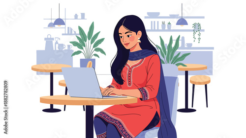 Vector illustration of an Indian woman in traditional attire working in a co-working coffee shop space, symbolizing professional modern lifestyle and cultural diversity at work