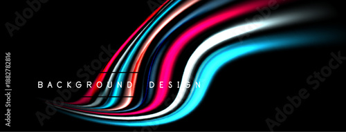 Abstract colorful lines flow across black background. Dynamic curves create modern visual effect. Bright shades emphasize design elements.